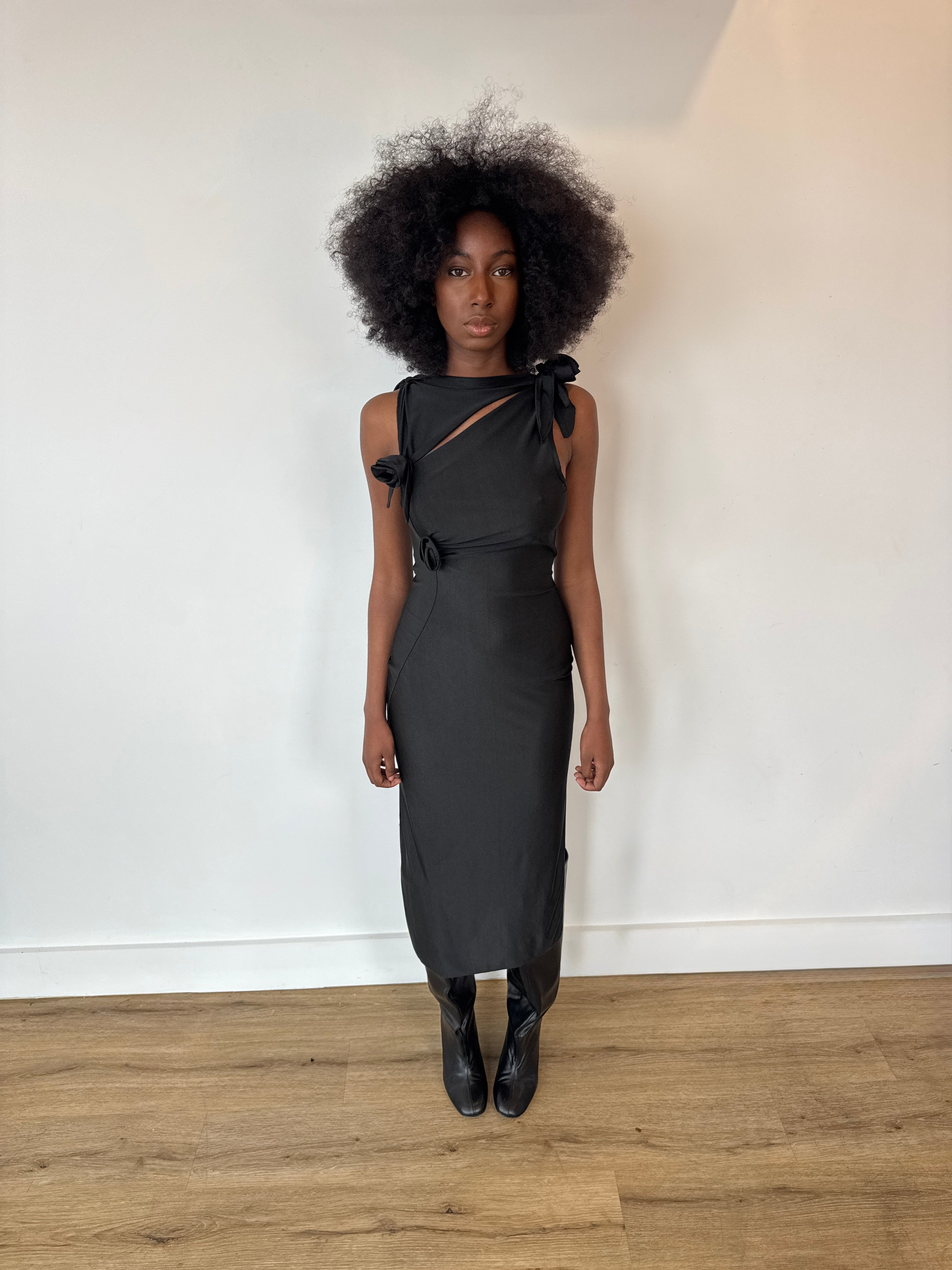 coperni black 3d flower maxi dress in black
