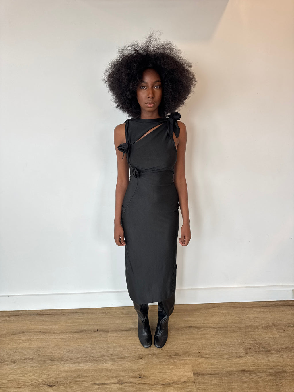 coperni black 3d flower maxi dress in black