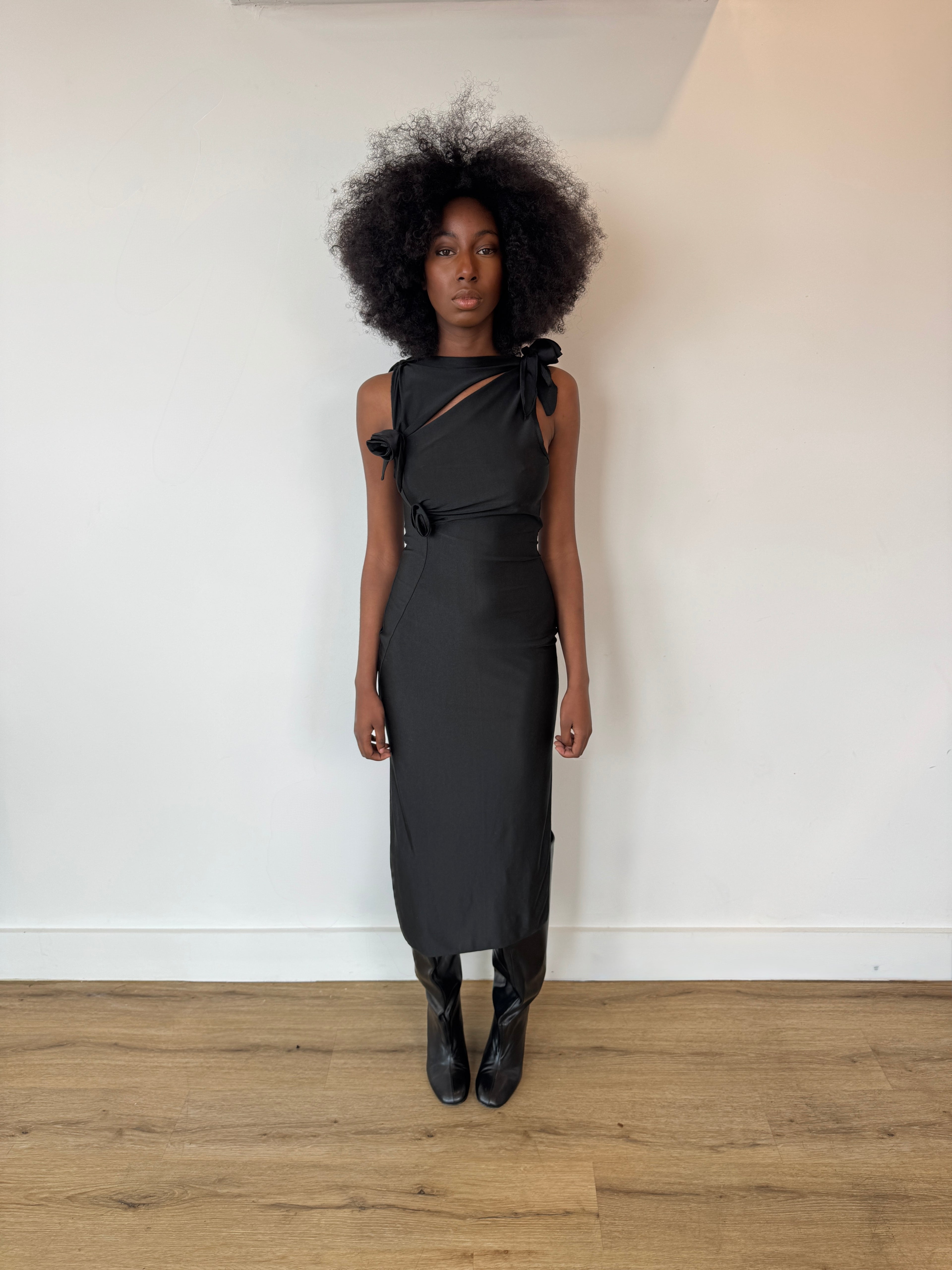 coperni black 3d flower maxi dress in black