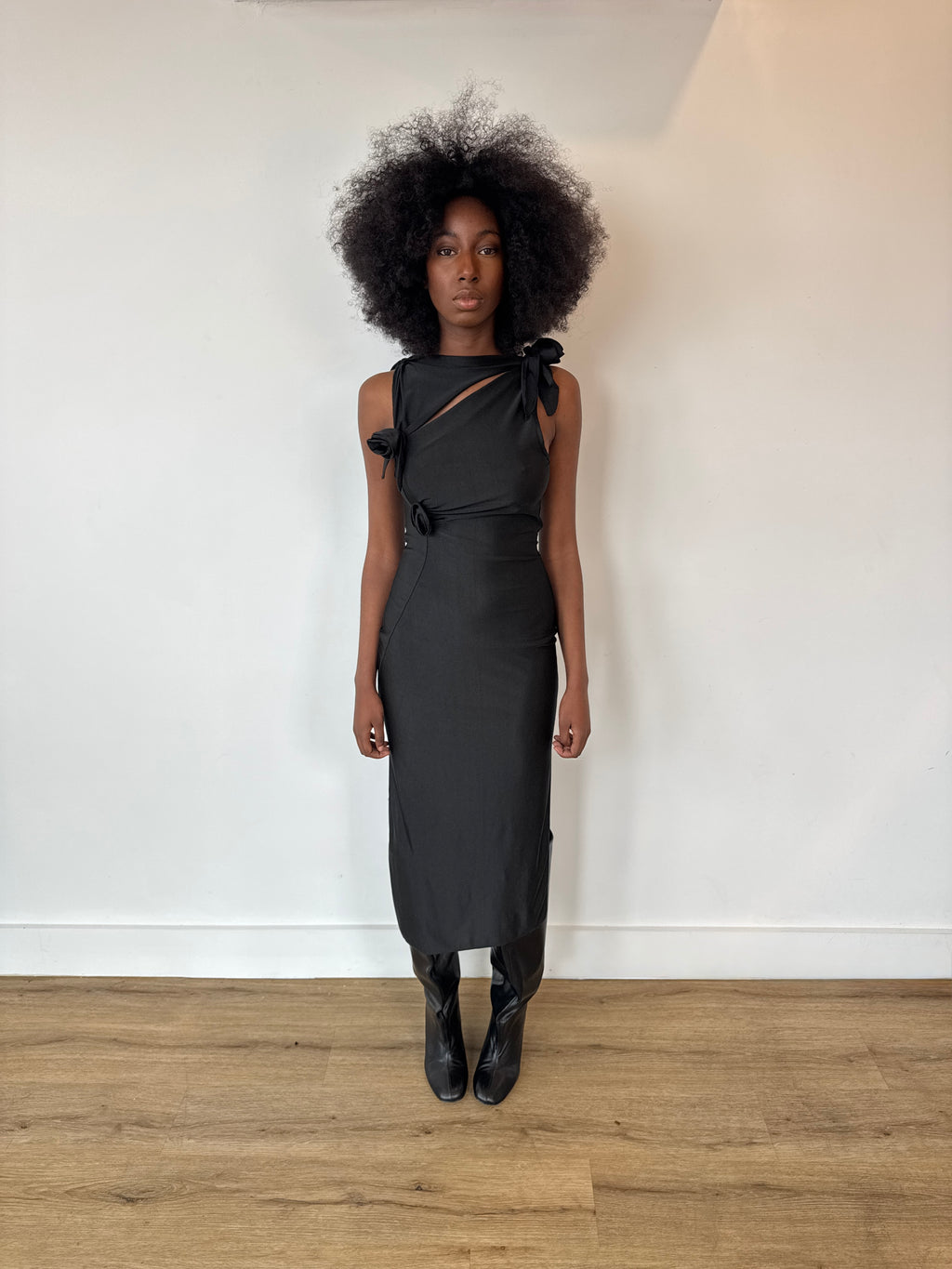 coperni black 3d flower maxi dress in black