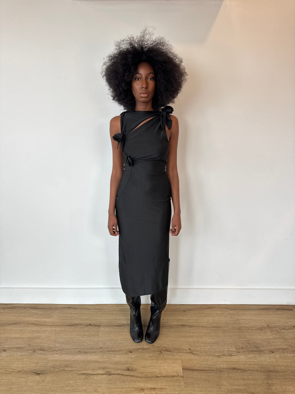 coperni black 3d flower maxi dress in black