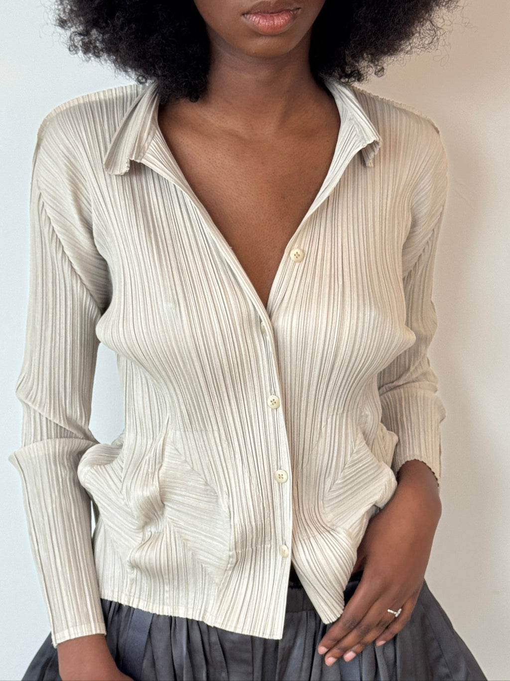 pleats please washed grey button up blouse