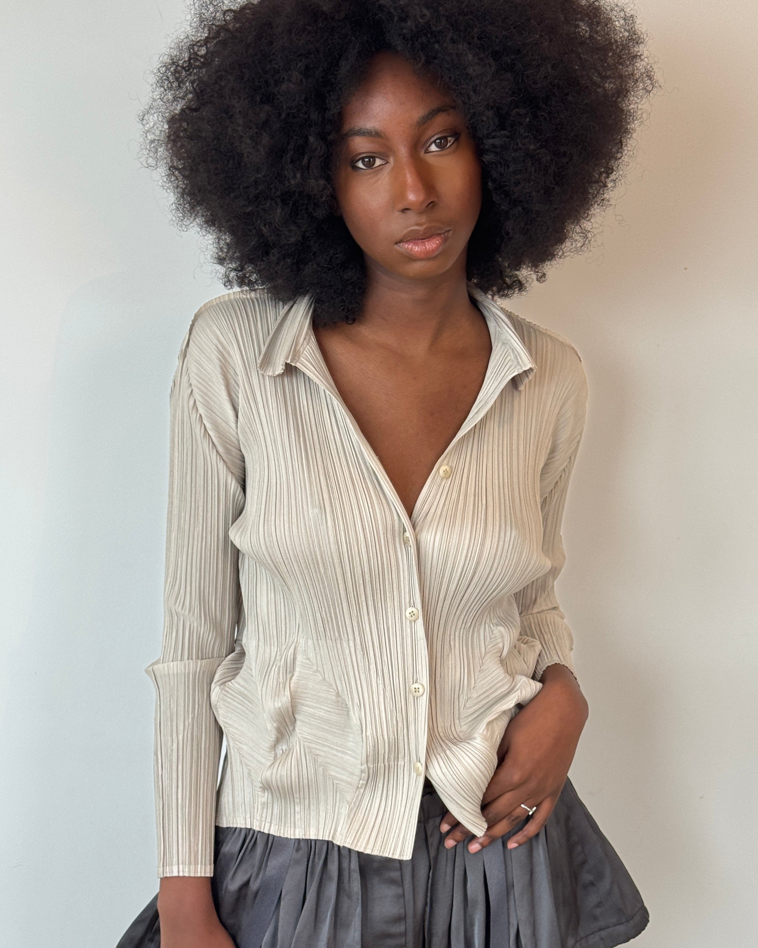 pleats please washed grey button up blouse