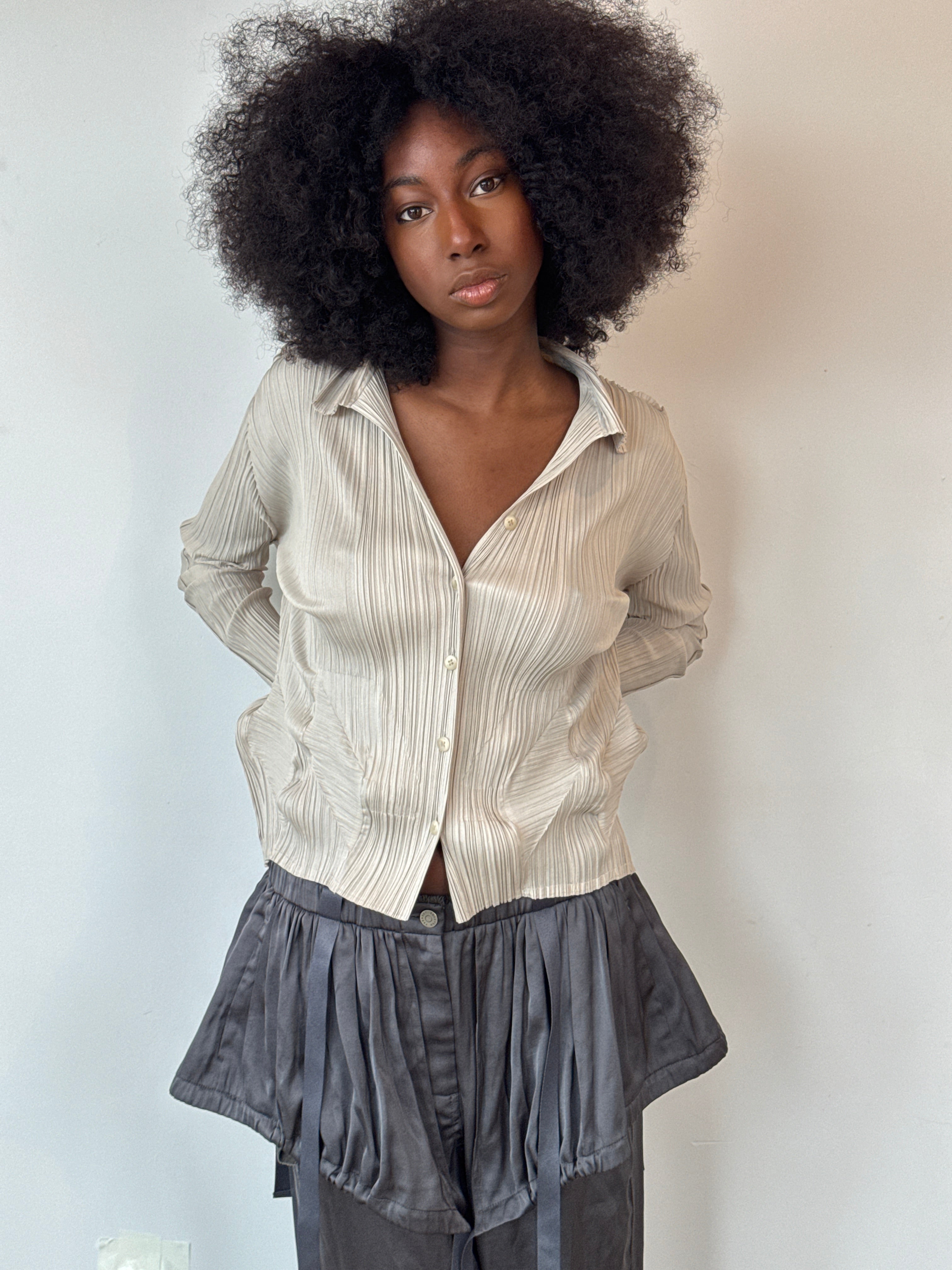 pleats please washed grey button up blouse