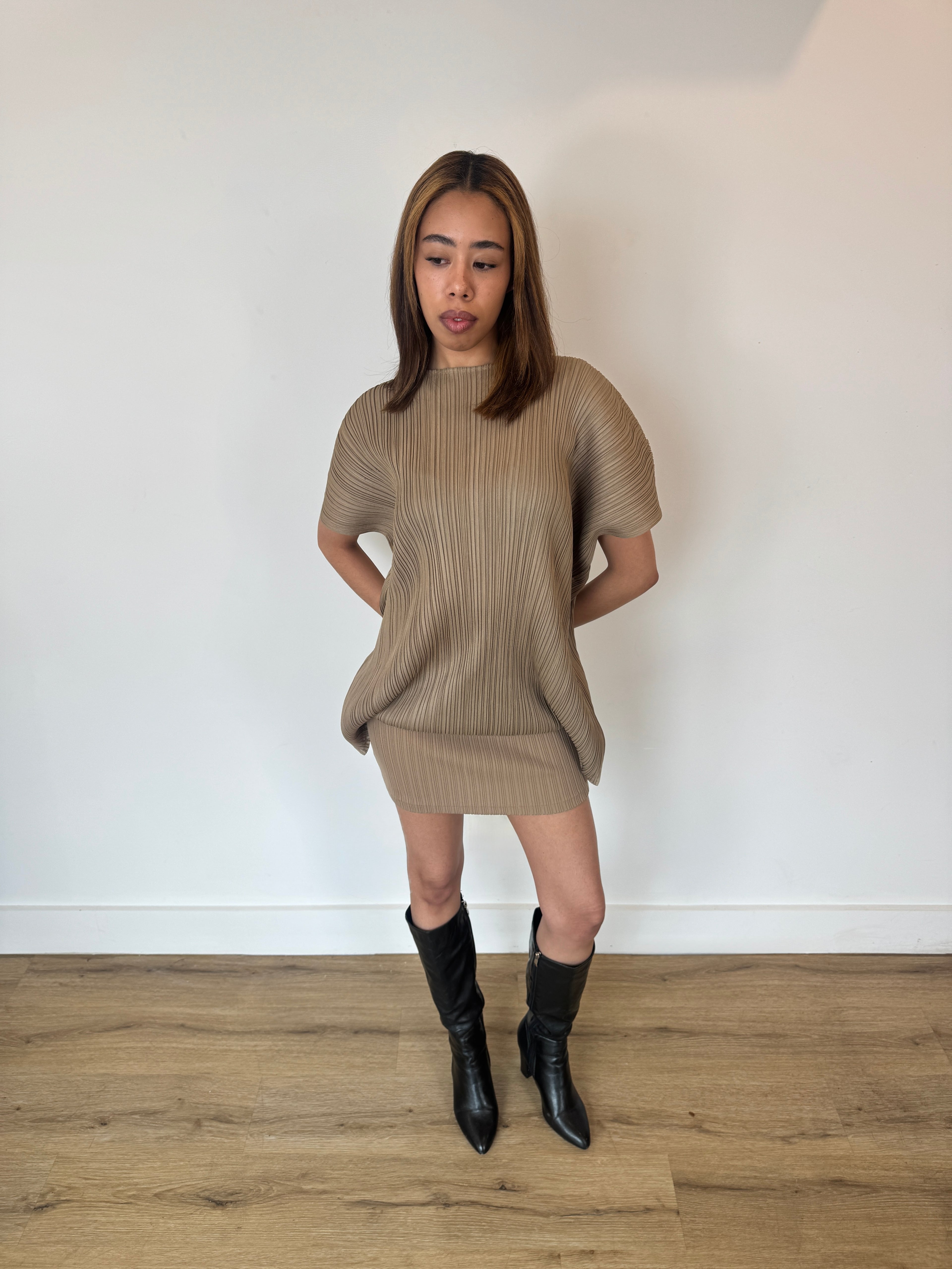 pleats please beige dress