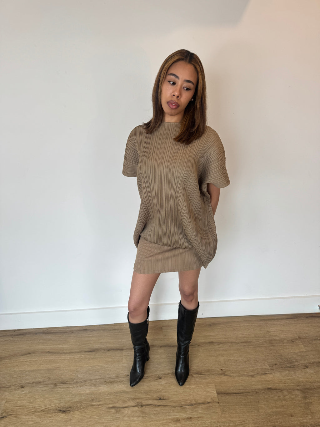 pleats please beige dress
