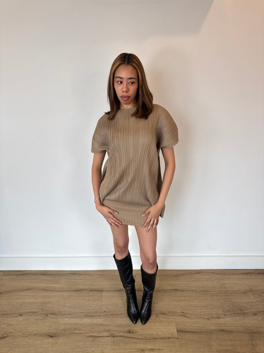 pleats please beige dress