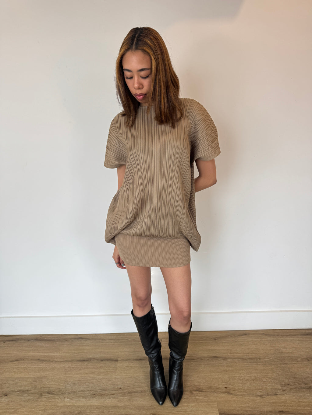 pleats please beige dress