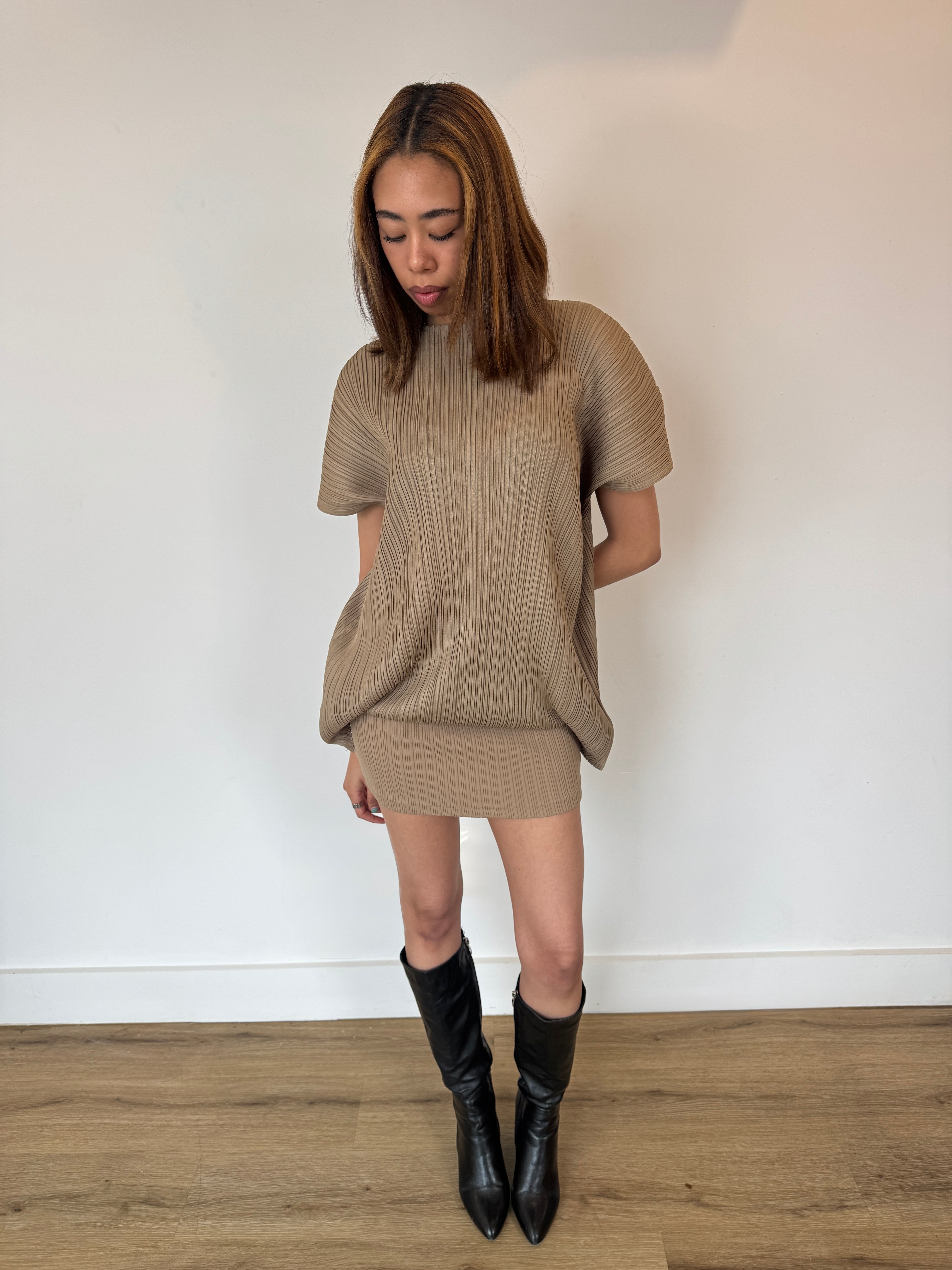 pleats please beige dress