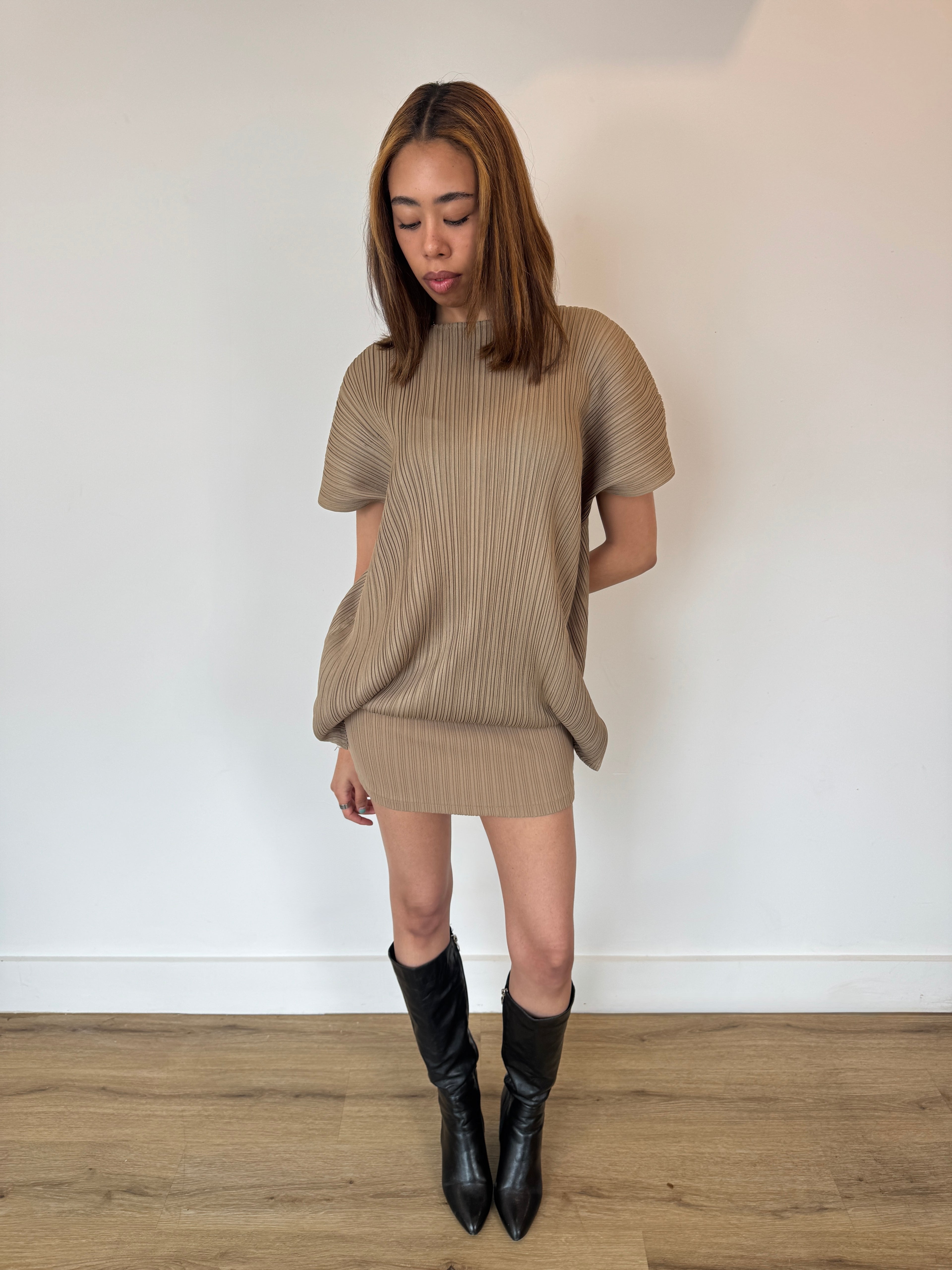 pleats please beige dress