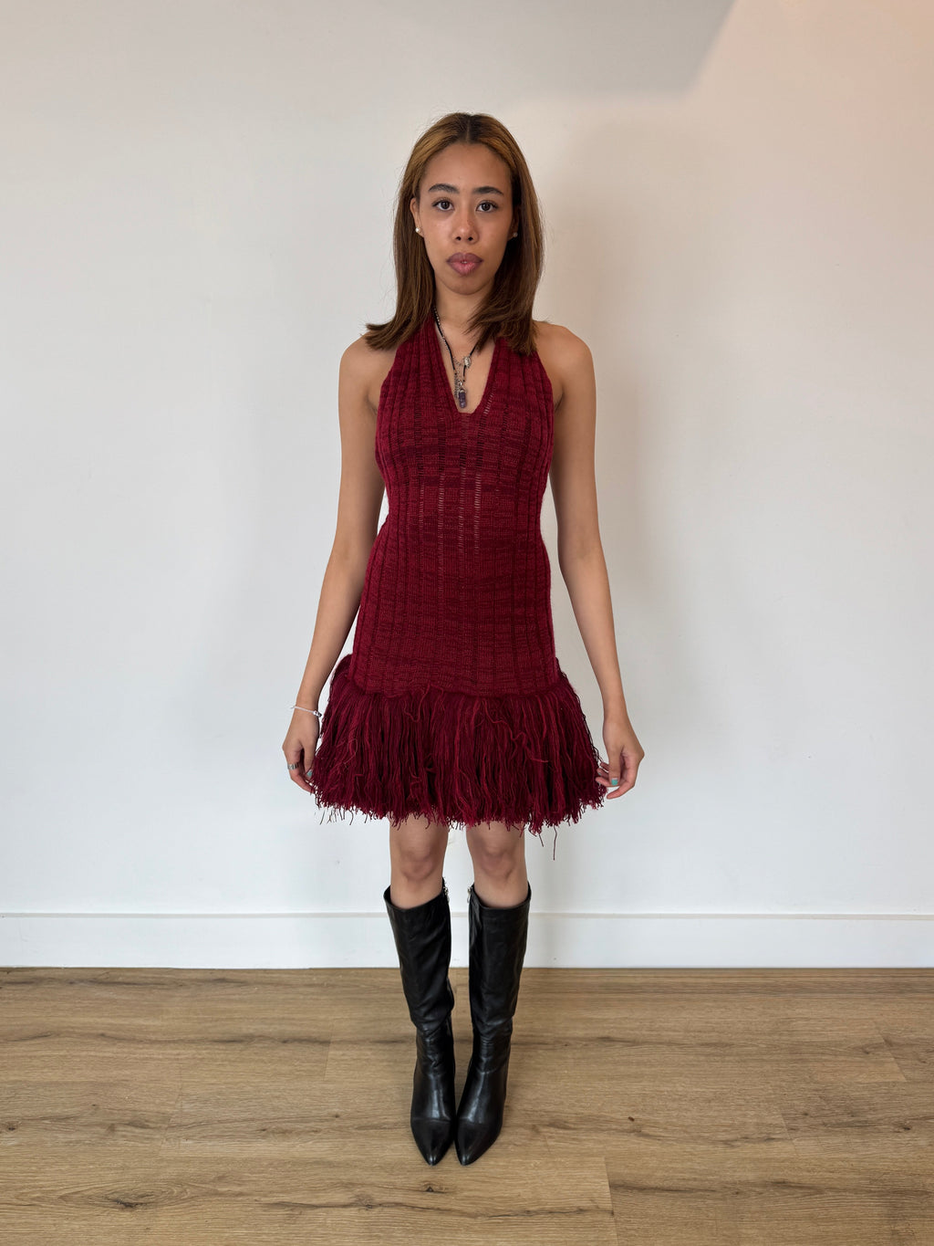 george trochopoulos red knit fringe dress