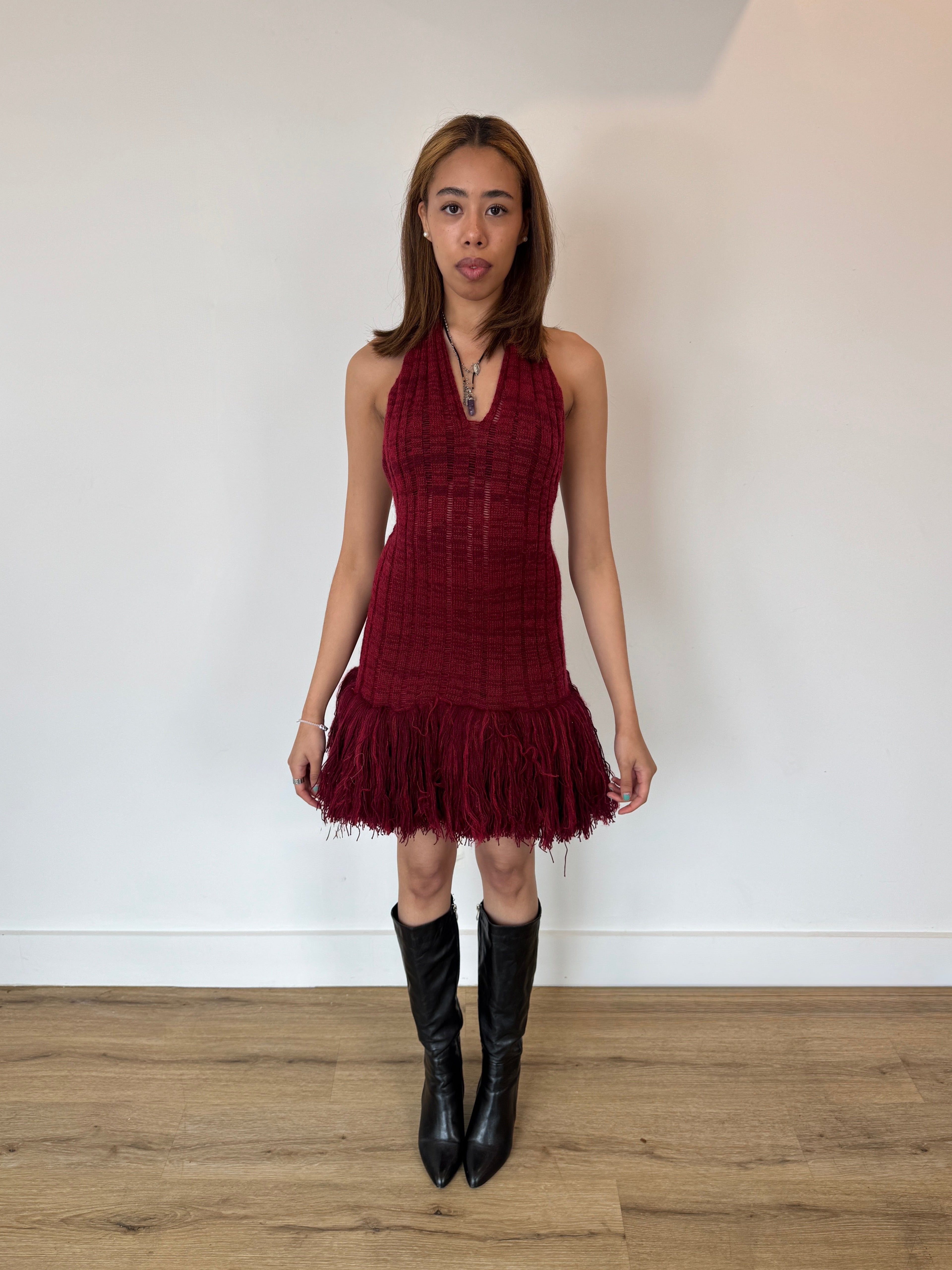 george trochopoulos red knit fringe dress