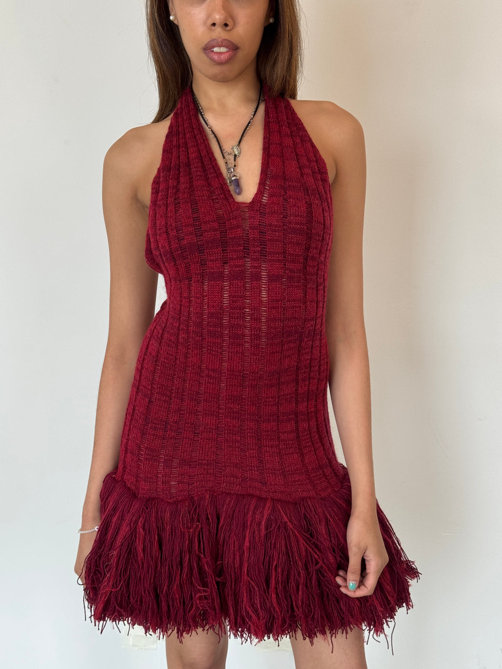 george trochopoulos red knit fringe dress
