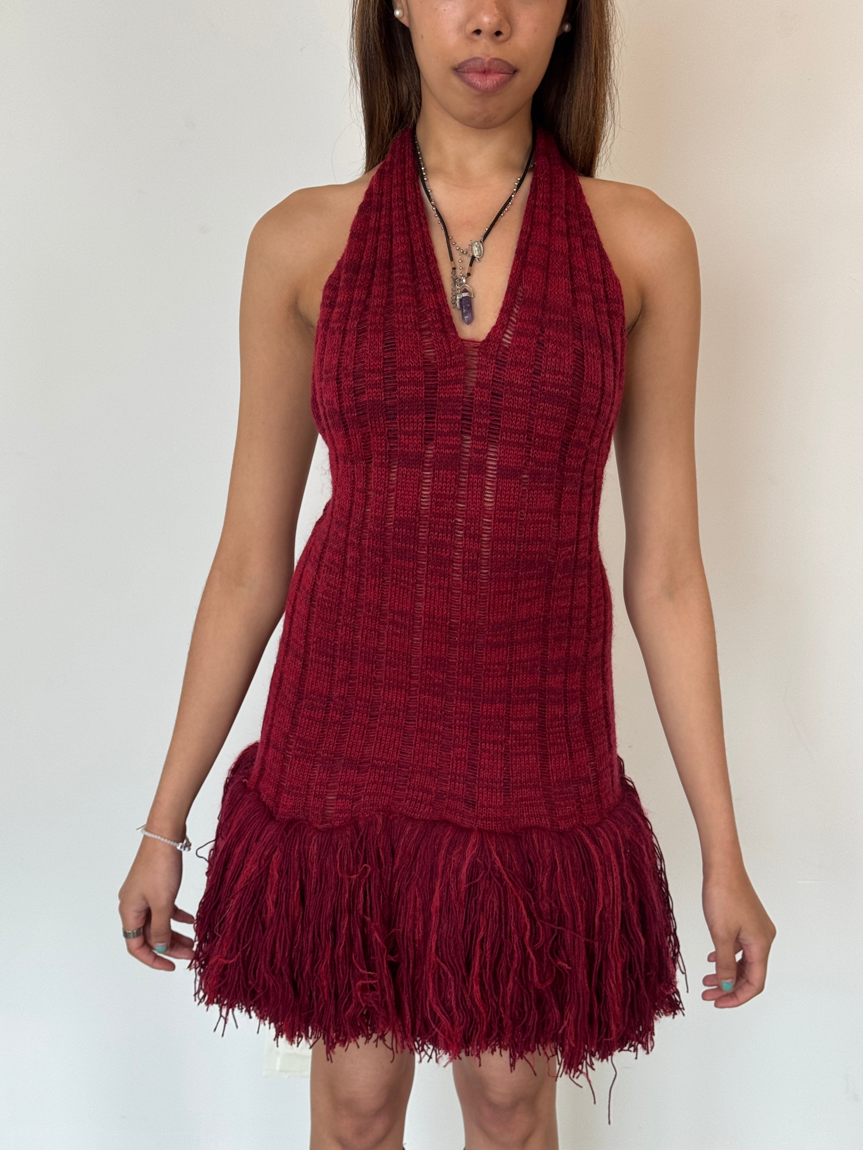 george trochopoulos red knit fringe dress