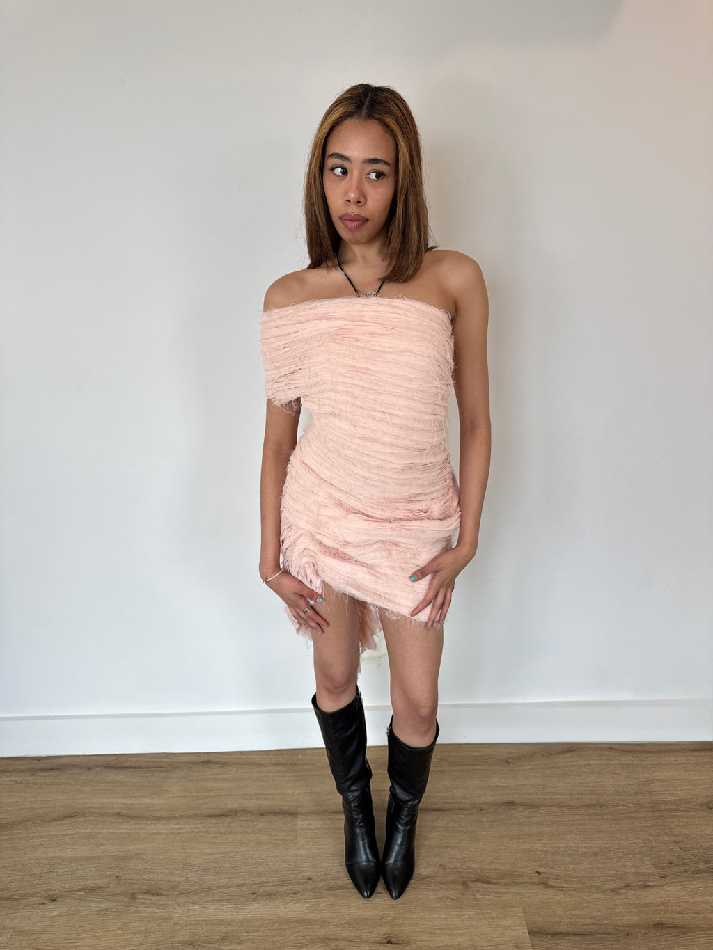 collina strada distressed pink mini dress