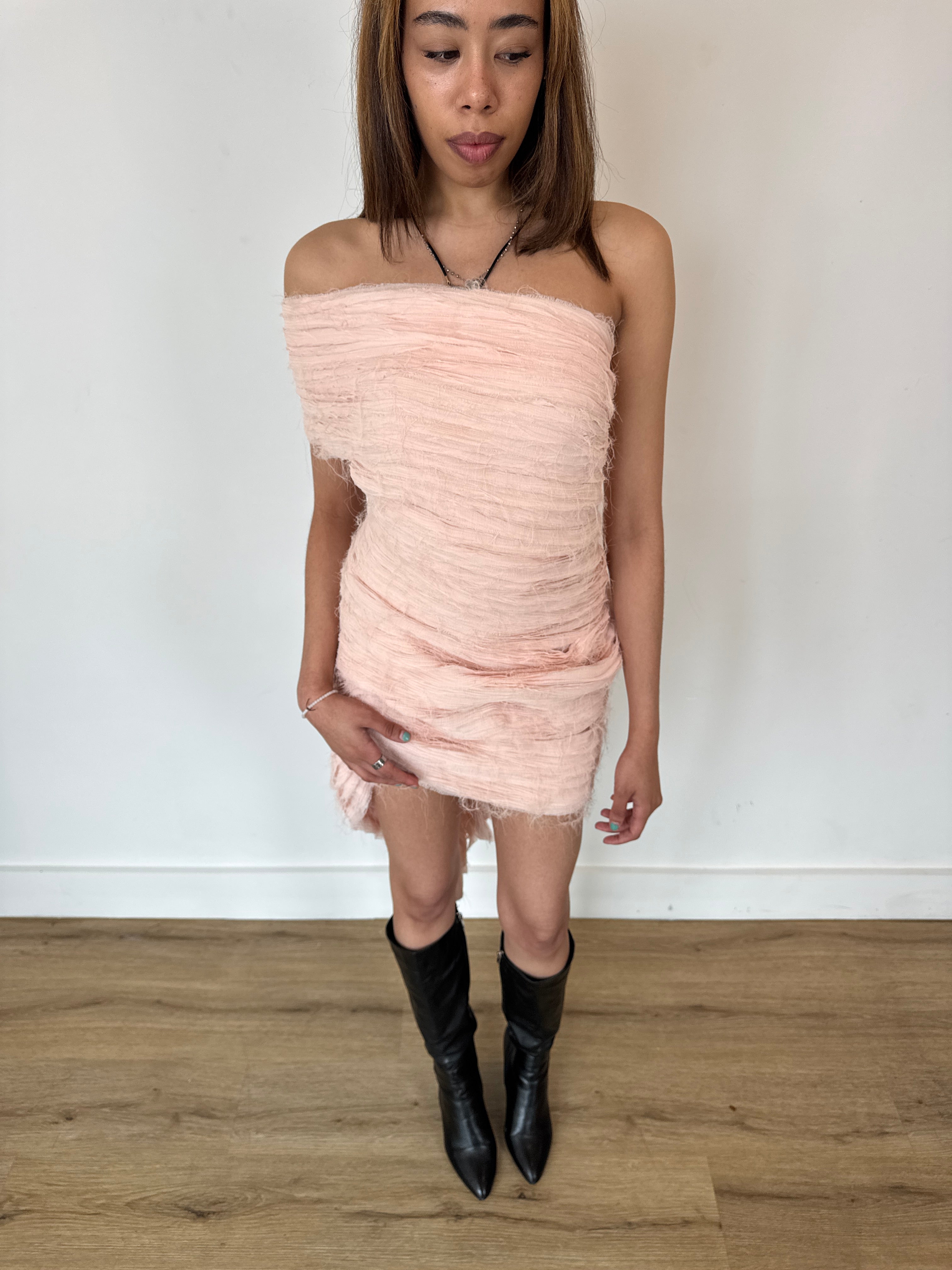 collina strada distressed pink mini dress